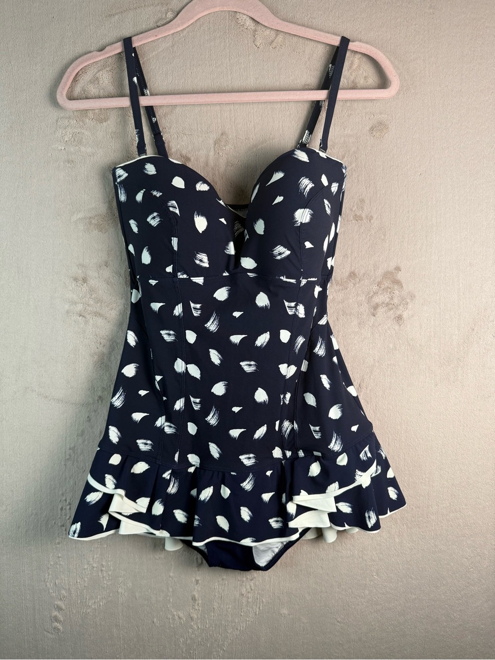 Profile Gottex Swim Dress Size 14 Navy White Polka Dot Ruffle Skirt One Piece